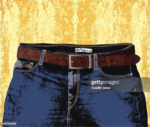 jeans, belt and yellow wall - brown jeans stock illustrations