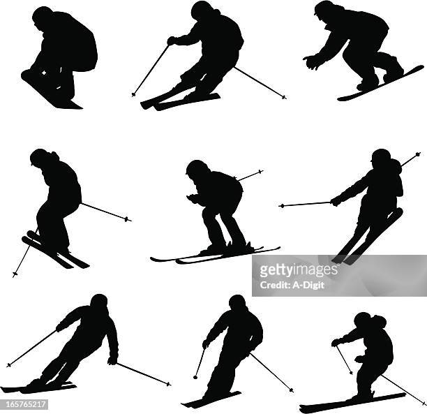 downhill skiers vector silhouette - skier silhouette stock illustrations
