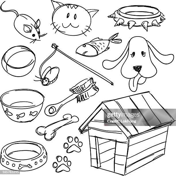 ilustrações, clipart, desenhos animados e ícones de pets'equipamentos situado em preto e branco - dog bowl