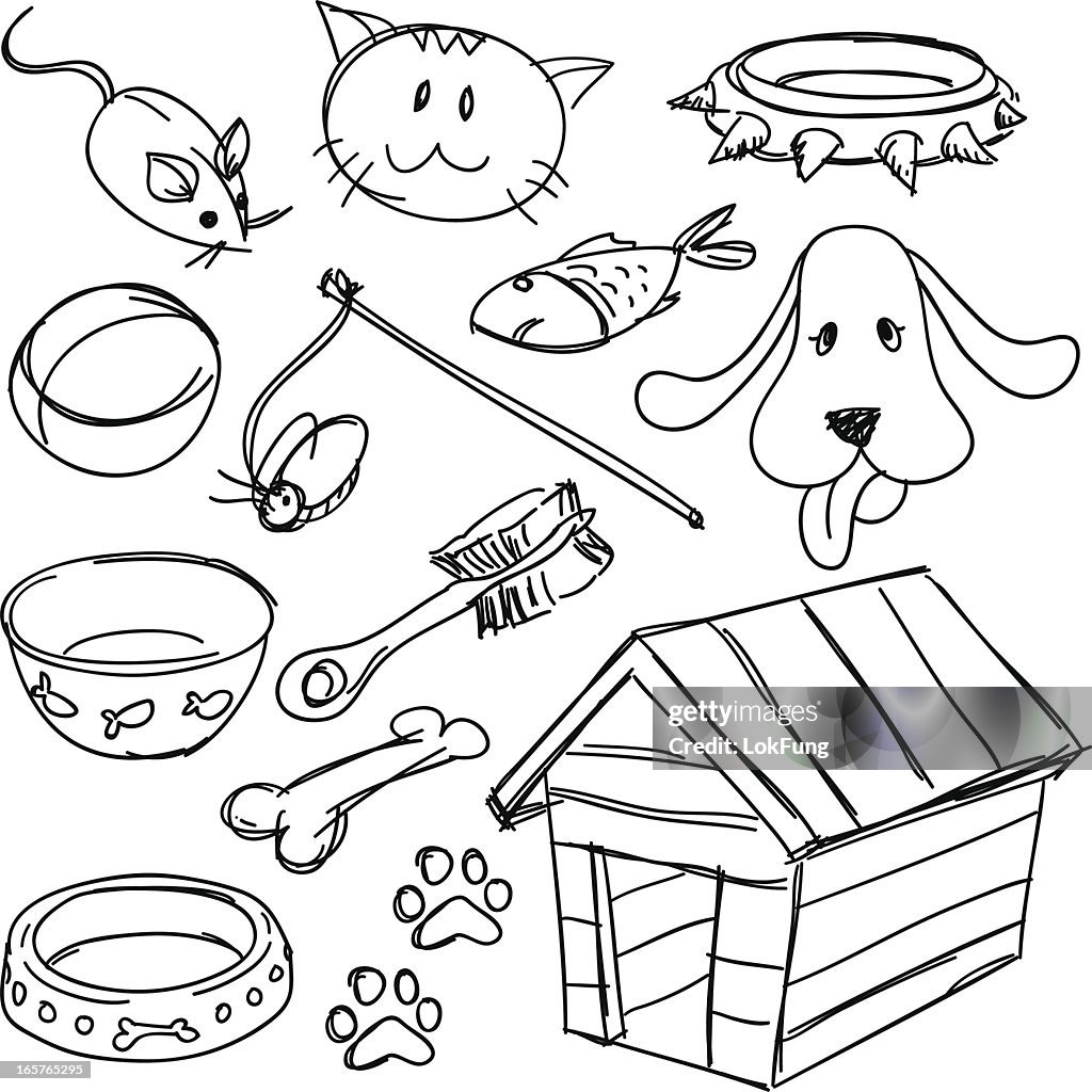 Pets' equipment set in black and white