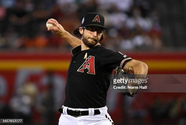 Zac Gallen of the Arizona Diamondbacks delivers a first-inning pitch against the Baltimore Orioles at Chase Field on September 03, 2023 in Phoenix,...