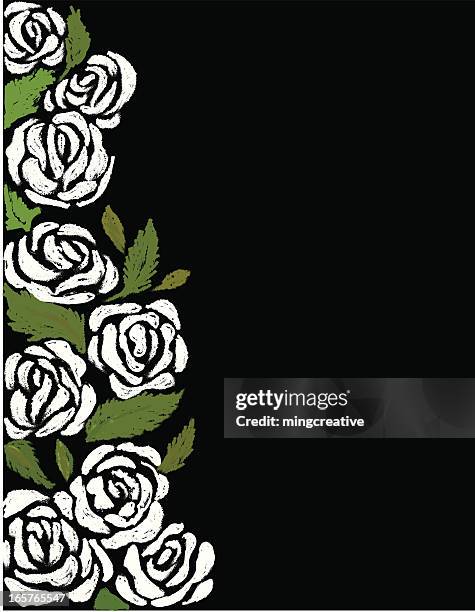 white roses and green leaves on the side of a black backdrop - flowers chalk drawings stock illustrations