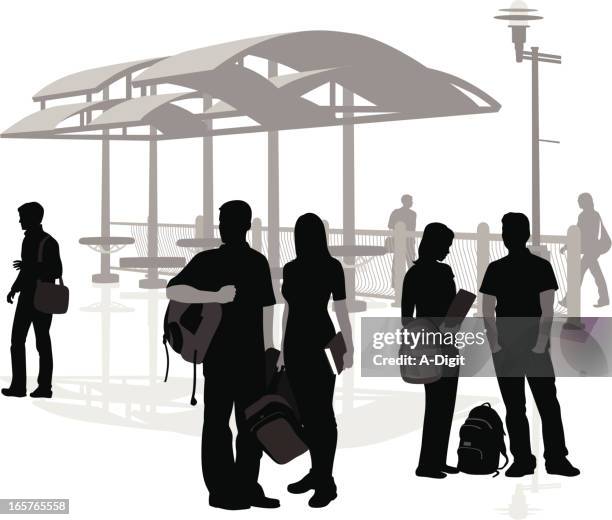 college bus stop vector silhouette - man bus stop stock illustrations