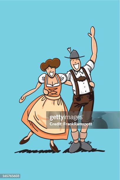 dirndl and lederhosen couple hugging - lederhosen stock illustrations