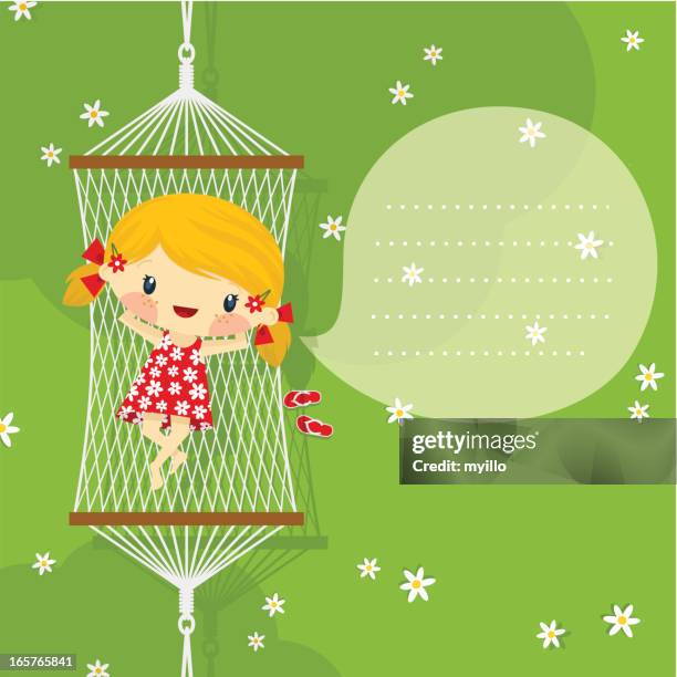 happy little blonde girl playful on hammock. summer, spring minimil - spring background top view stock illustrations