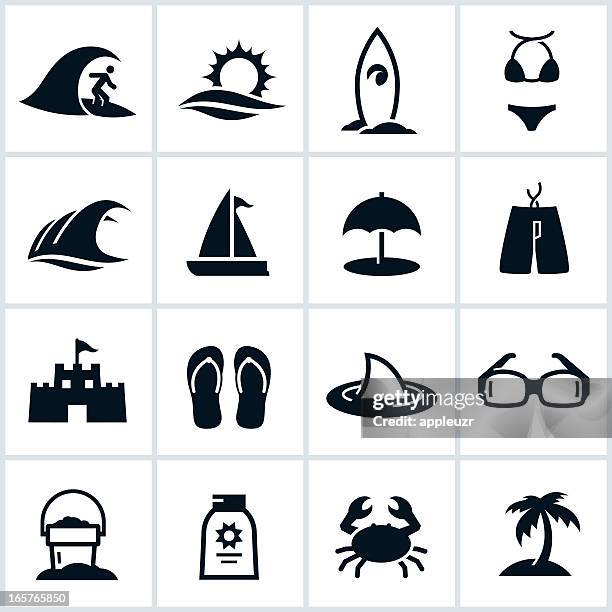 black beach and sea icons - sand pail and shovel stock illustrations