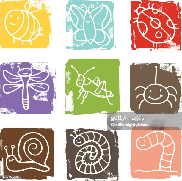 animal und blatt grunge-block-icons - grille insekt stock-grafiken, -clipart, -cartoons und -symbole