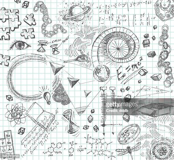 hand drawn pencil sketches of scientific concepts - mathematical symbol stock illustrations