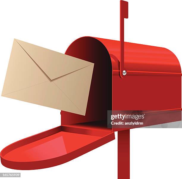 red mailbox with beige envelope ready to be mailed - mailbox stock illustrations