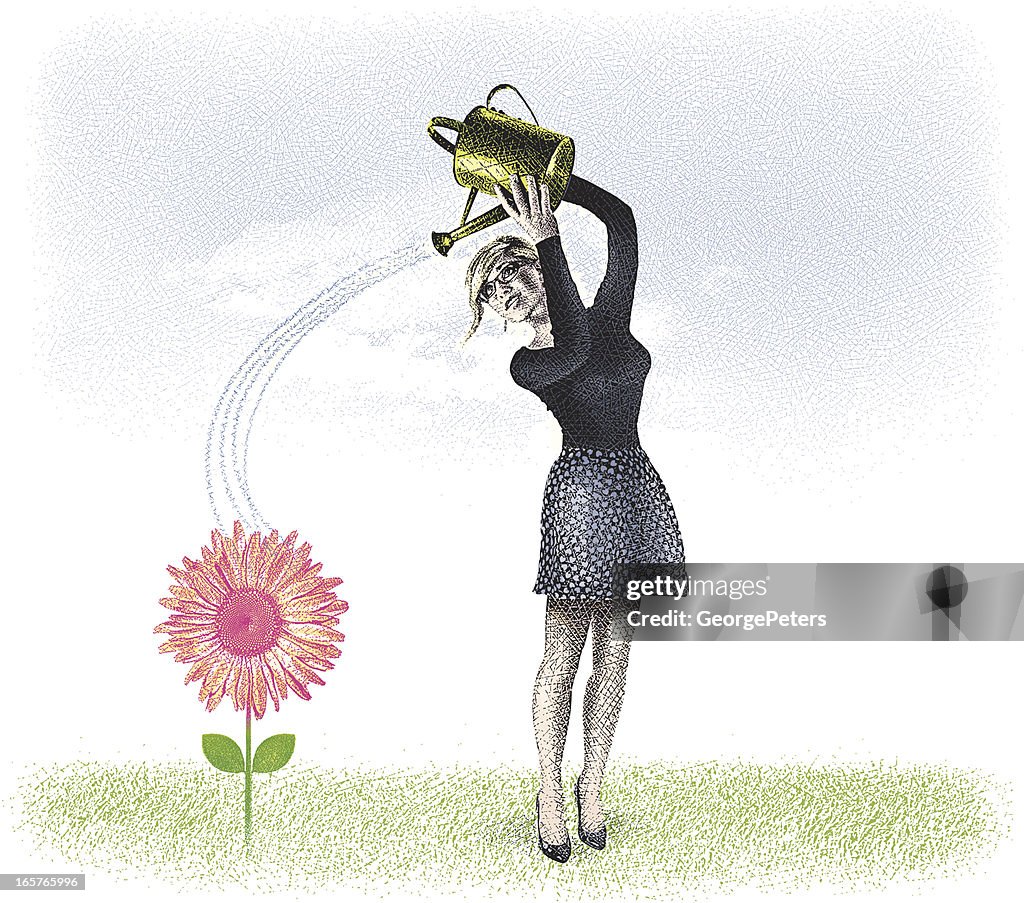 Woman Growing Flowers In Spring