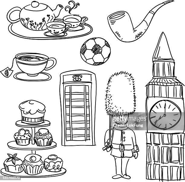 symbols of england in black and white - english afternoon tea stock illustrations