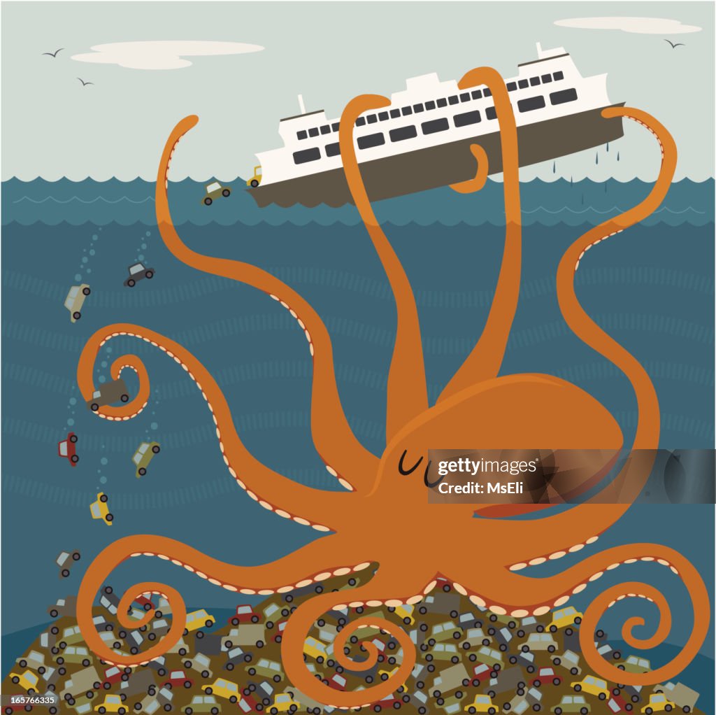 Polvo gigante tirar um ferry