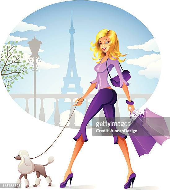 beautiful girl walking her dog in paris - blonde attraction stock illustrations