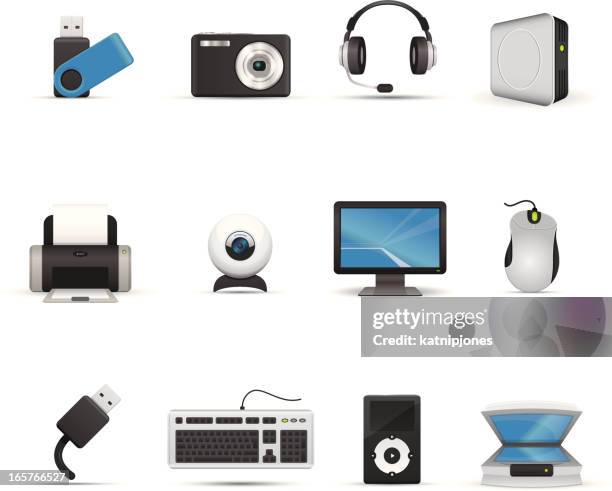 ilustraciones, imágenes clip art, dibujos animados e iconos de stock de icono conjunto de periféricos de ordenador - mp3 player