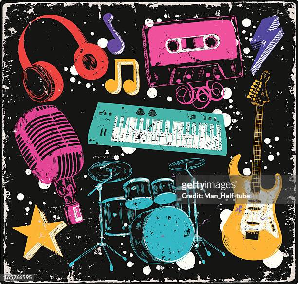 ilustraciones, imágenes clip art, dibujos animados e iconos de stock de música y garabatos - rock and roll