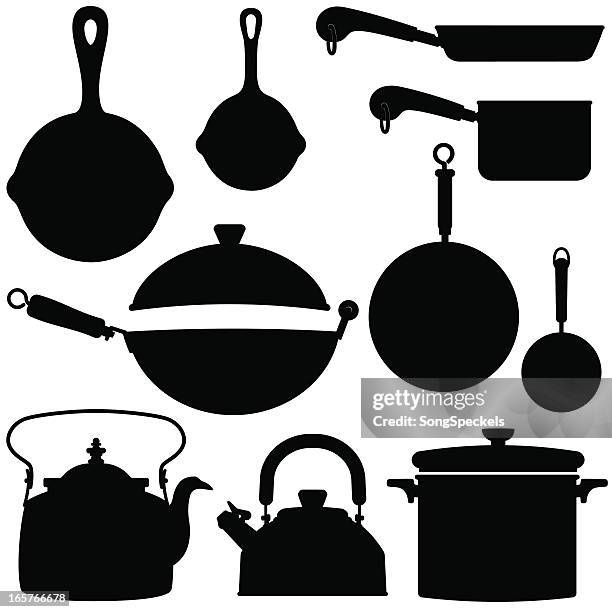 stockillustraties, clipart, cartoons en iconen met kettles pots and pans silhouettes - wok