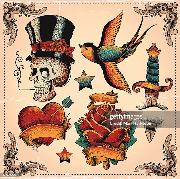 stockillustraties, clipart, cartoons en iconen met old school tattoos - tattoo