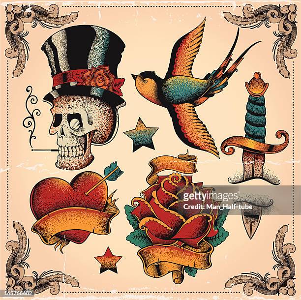 old school tattoos - top hat stock illustrations