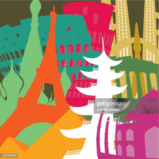pagoda and monuments background - red square stock illustrations