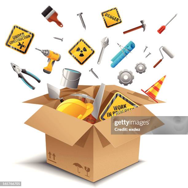 engineering tools in the box - men at work sign stock illustrations