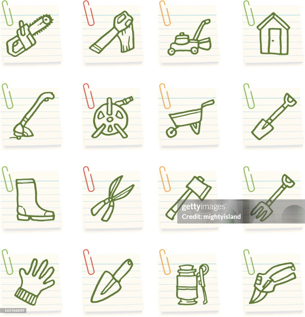 Gardening tools post it note icons