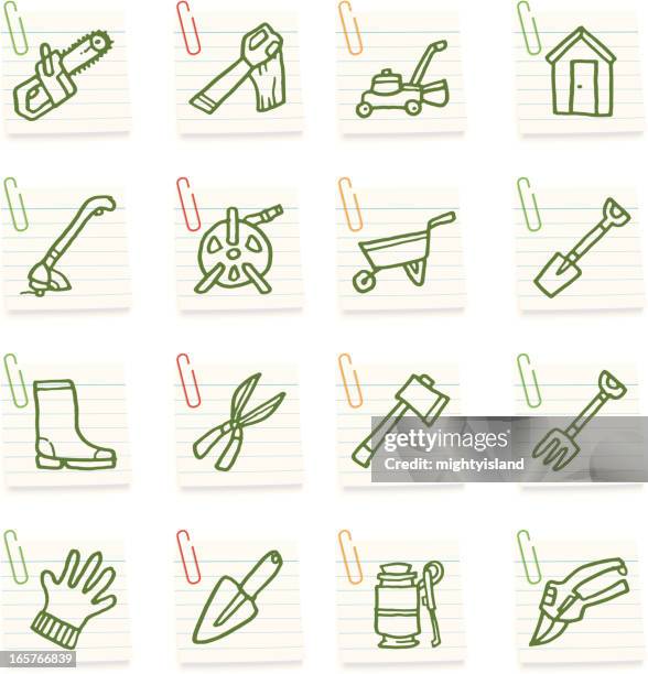 gardening tools post it note icons - chainsaw vector stock illustrations