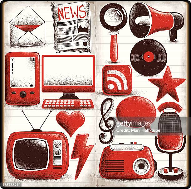ilustraciones, imágenes clip art, dibujos animados e iconos de stock de masa media doodled iconos - radio hardware audio