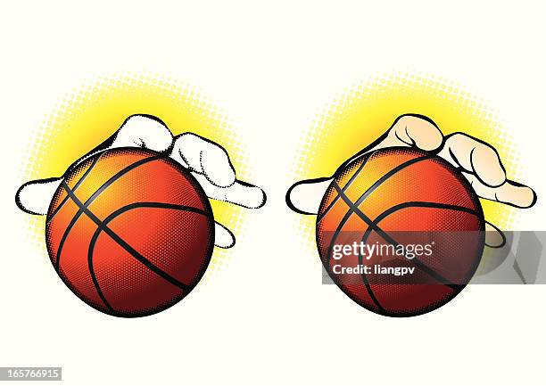 Two hands hold basketball ball with number 3 above basket. Sport logo for  any team or competition Stock Vector