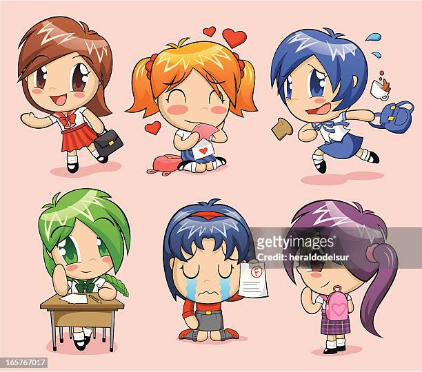 anime schoolgirls - hausaufgaben mädchen stock-grafiken, -clipart, -cartoons und -symbole
