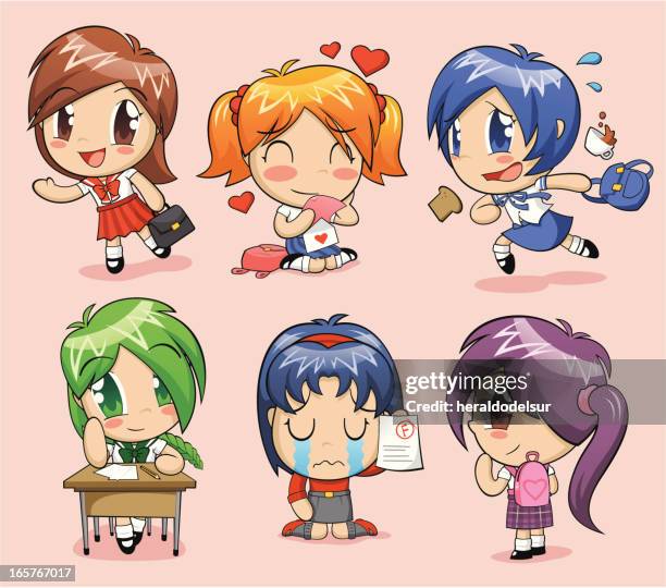 ilustraciones, imágenes clip art, dibujos animados e iconos de stock de anime schoolgirls - school uniform