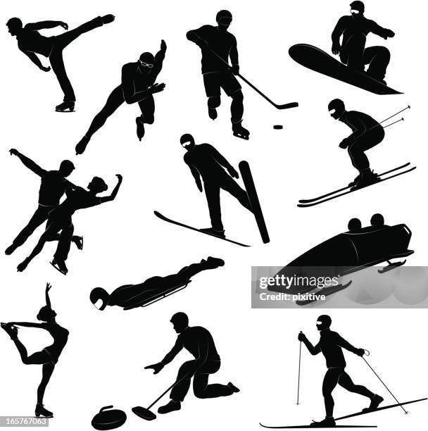 ilustraciones, imágenes clip art, dibujos animados e iconos de stock de siluetas de deporte de invierno - deporte de invierno