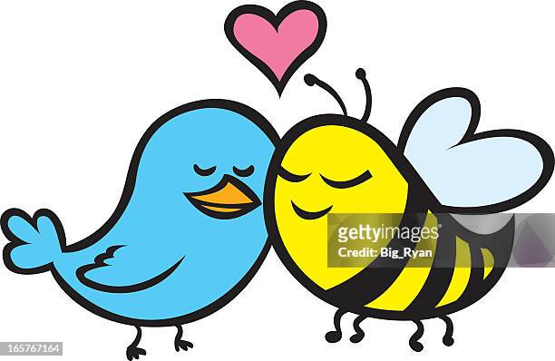 stockillustraties, clipart, cartoons en iconen met cute cartoon of blue bird and yellow bee in love - big bird