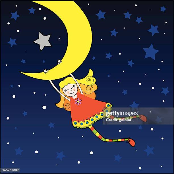 girl hanging from the moon - half moon stock illustrations