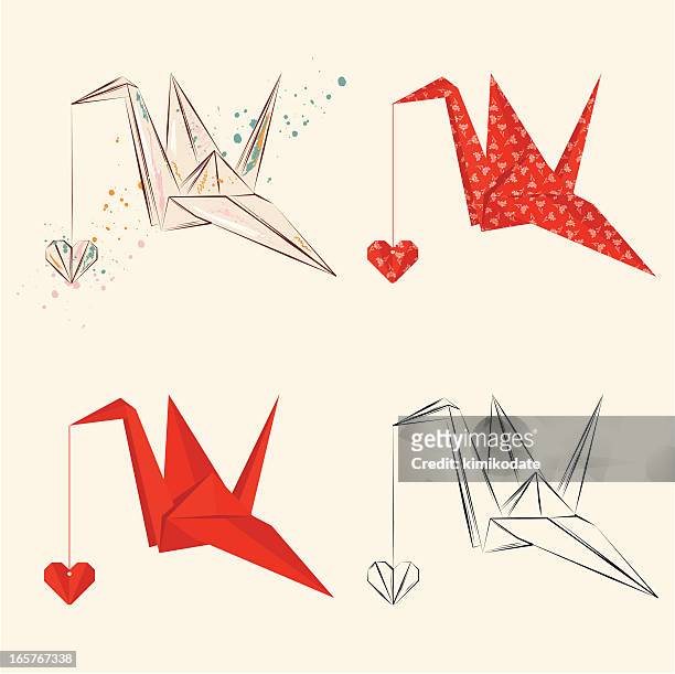 ilustraciones, imágenes clip art, dibujos animados e iconos de stock de origami crane con corazón - papiroflexia