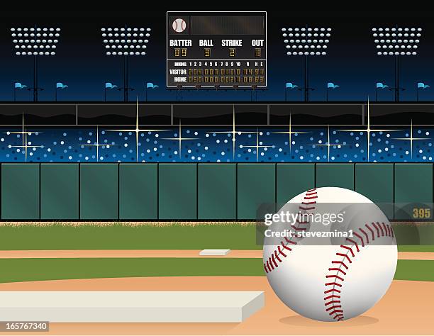 baseball-feld und dem scoreboard - flutlichter stock-grafiken, -clipart, -cartoons und -symbole