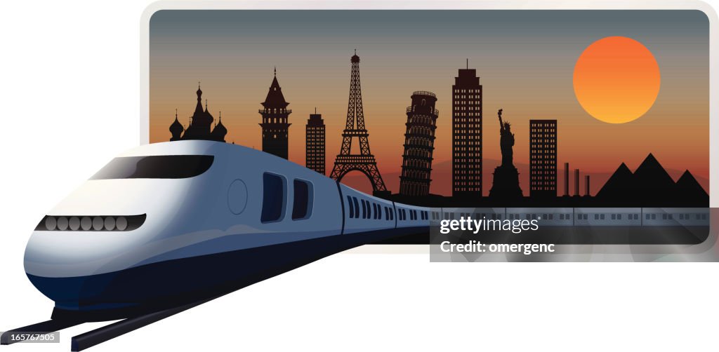A graphic of a train leaving a city at night