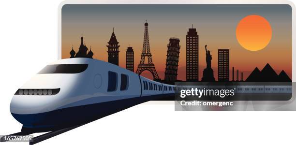 a graphic of a train leaving a city at night - railroad car stock illustrations