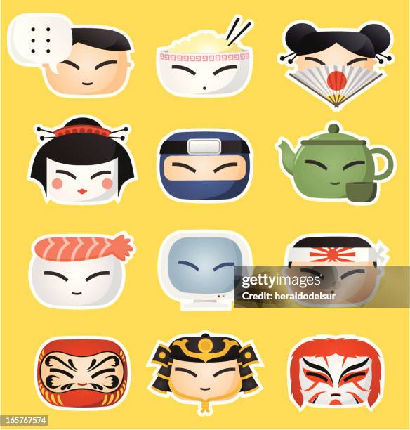 japanische symbol gesichter - samurai stock-grafiken, -clipart, -cartoons und -symbole