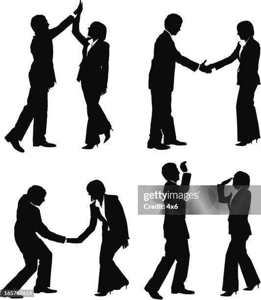 business couple secret handshake high five - punching the air stock illustrations