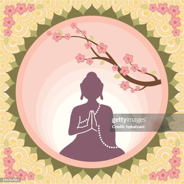 buddha with blossoms - praying outside stock illustrations