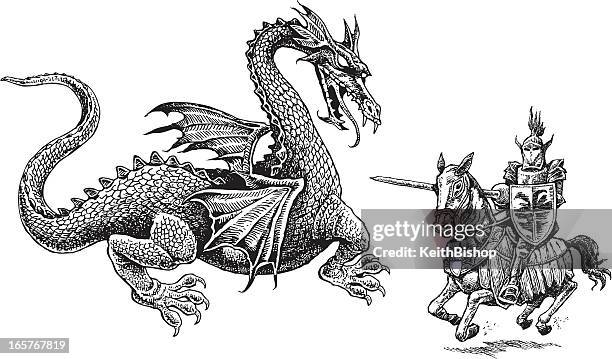 illustrazioni stock, clip art, cartoni animati e icone di tendenza di cavaliere e il drago-medievale - dragon