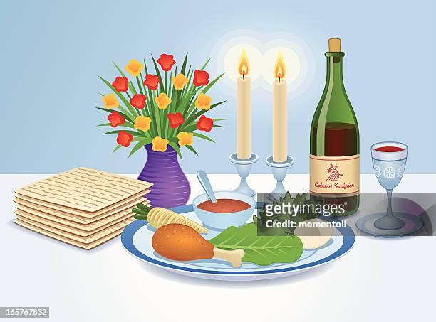 the seder table - pesach seder stock illustrations