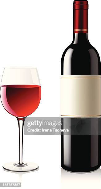 stockillustraties, clipart, cartoons en iconen met bottle of red wine next to a full glass of red wine - wine bottle