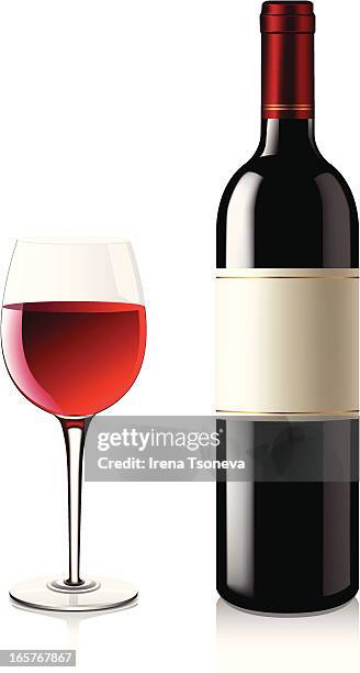 bottle of red wine next to a full glass of red wine - drinking glass stock illustrations