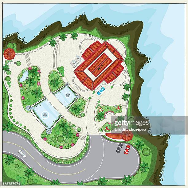 top planung einer villa an der klippe in der nähe von meer - car park barrier stock-grafiken, -clipart, -cartoons und -symbole