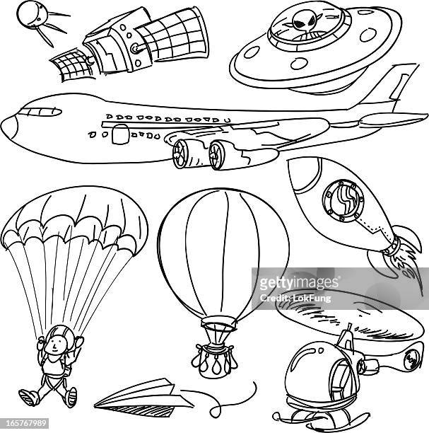 stockillustraties, clipart, cartoons en iconen met flying objects collection in black and white - parachute
