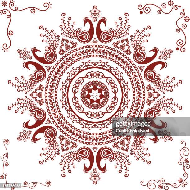 mehndi peacock circle design - flower corner stock illustrations