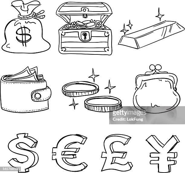 ilustraciones, imágenes clip art, dibujos animados e iconos de stock de moneda de iconos en blanco y negro - gold purse