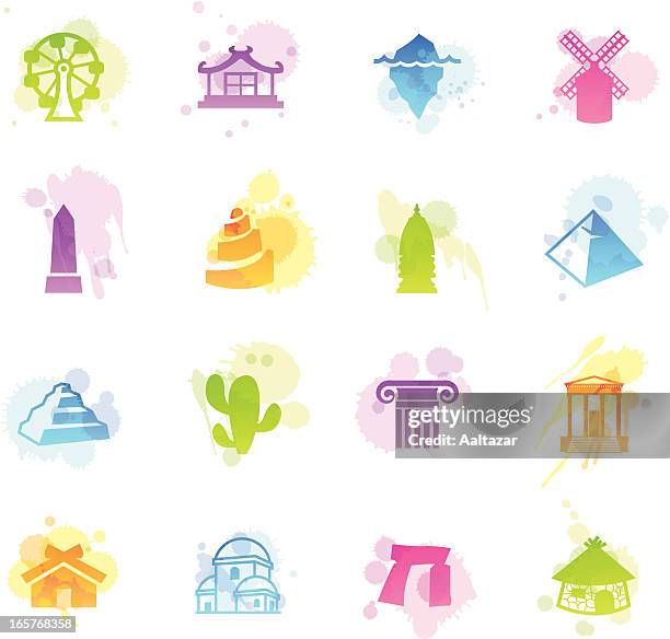 illustrazioni stock, clip art, cartoni animati e icone di tendenza di macchie icone-viaggio - antica civiltà