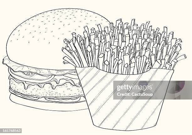 pommes frites und hamburger - frittiert stock-grafiken, -clipart, -cartoons und -symbole